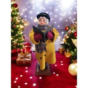 Simpich Character Doll Caroler Fat Man Singing In Gold Coat Plaid Scarf 2002
